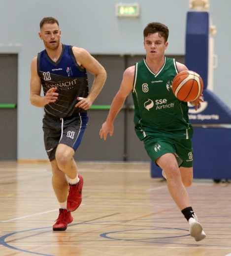 Moycullen v Maree Super League Basketball game at the Kingfisher, NUI Galway. Moycullen's Paul Kelly and Maree's John Burke